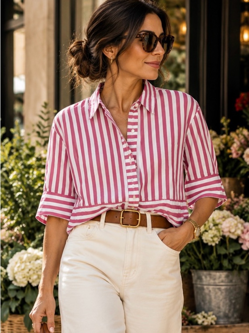 Jane and Delancey Pink and White Striped Button-Down Shirt
